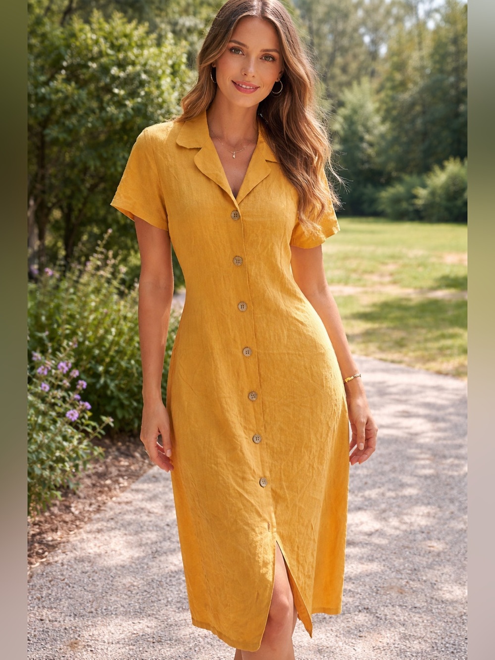 Laundry by Shelli Segal Mustard Linen Cotton Button Midi Dress Fall Old Money 14